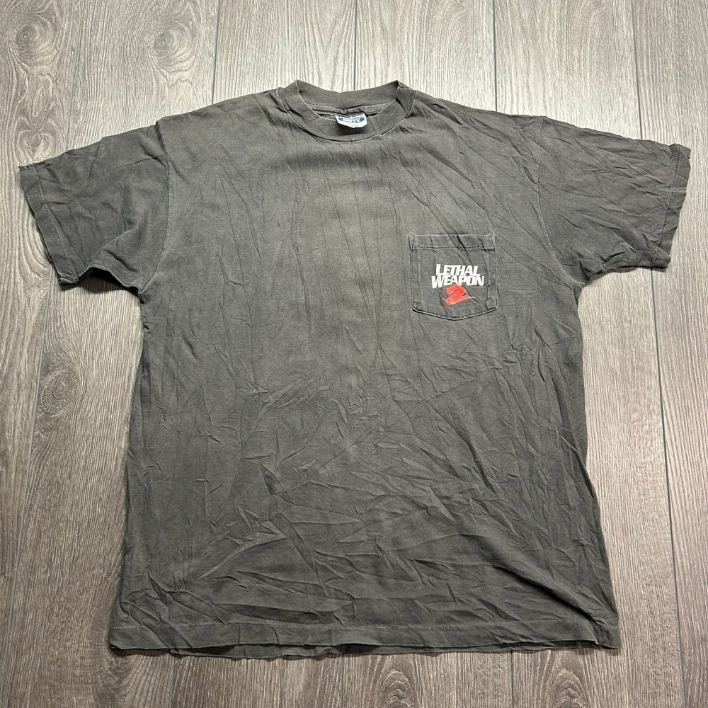 Vintage 1989 Lethal Weapon 2 XL Movie Promo Pocket T-Shirt Hanes Beefy-T Black